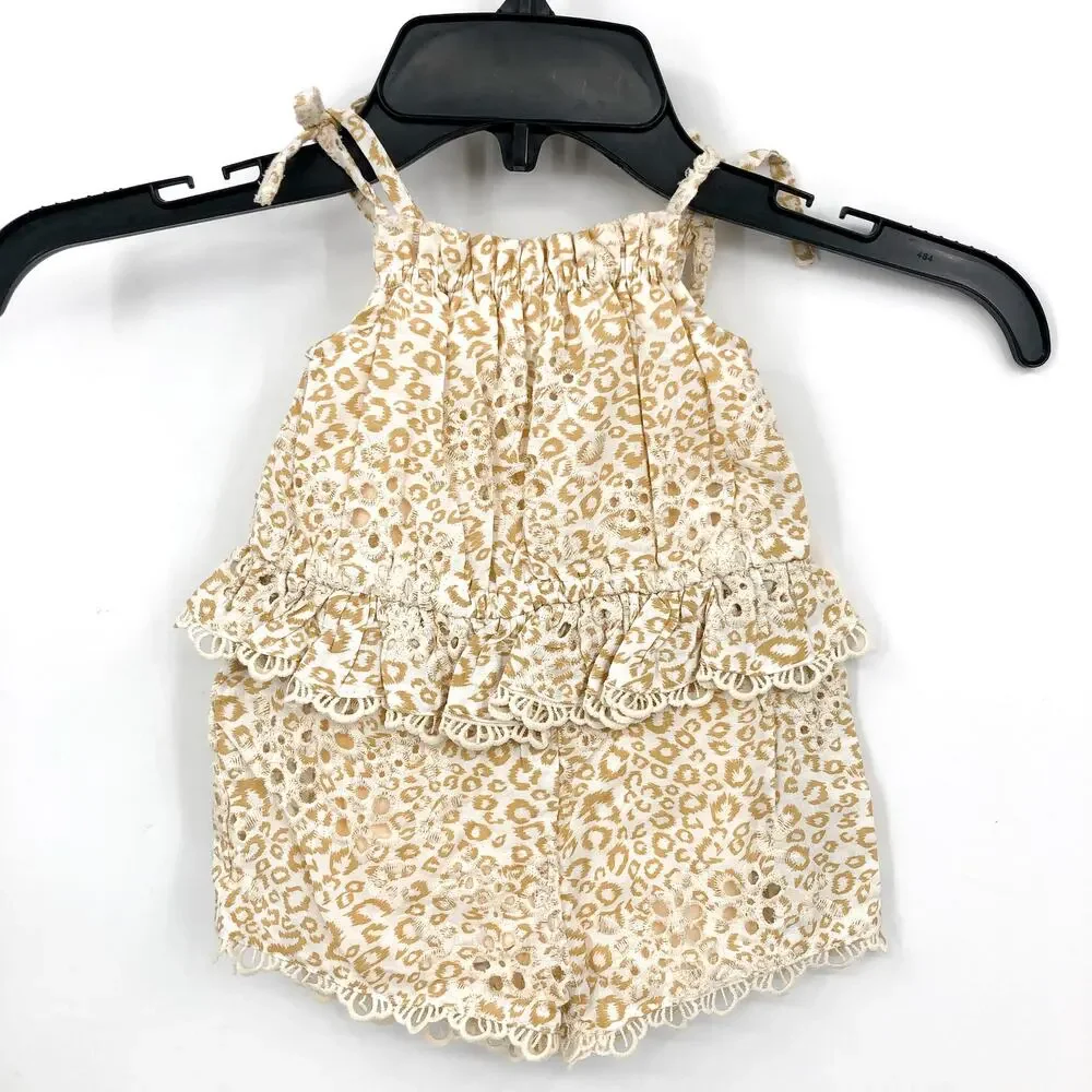 BARDOT Baby Leopard Lace Trim Romper 0-3 Months Beige Tie Shoulder NWT